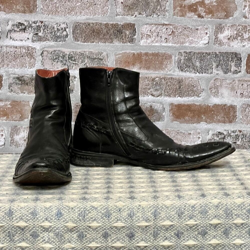 Ghost Hand-crafted‎ Italian Leather Ankle Boots Black Woven Detail Side Zip 42